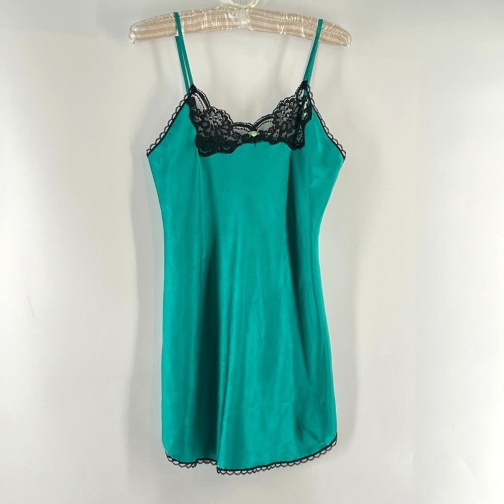 VTG 90s Emerald Green Satin Black Lace Slip Dress S Nightgown Chemise Cami Dress